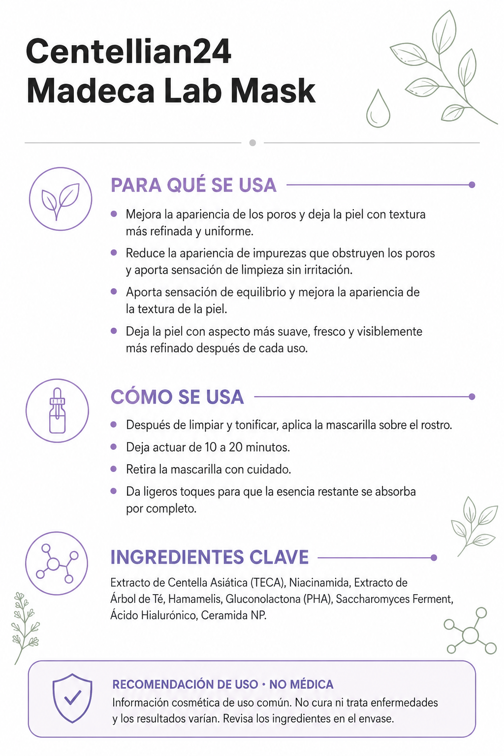 Ficha informativa de Centellian24 Madeca Lab Mask: para qué se usa, cómo se usa e ingredientes clave