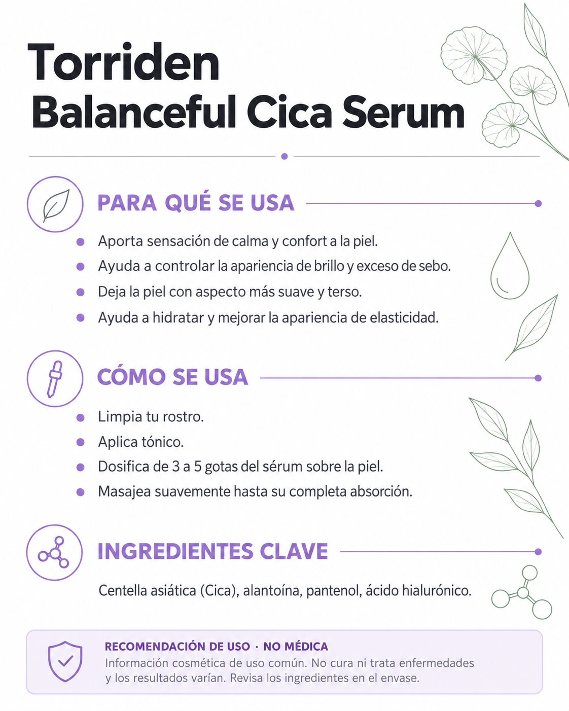 Ficha informativa de Torriden Balanceful Cica Serum: para qué se usa, cómo se usa e ingredientes clave