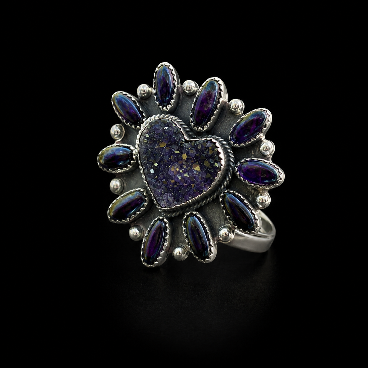 Anillo Corazón de Diez Amatistas