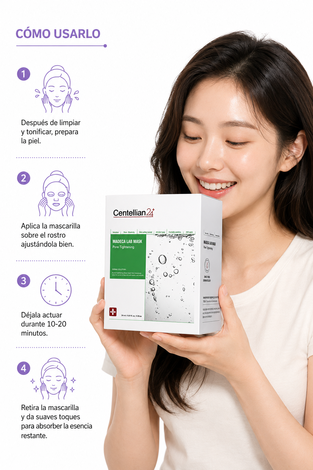 Modelo mostrando la caja de Centellian24 Madeca Lab Mask, con los pasos de uso