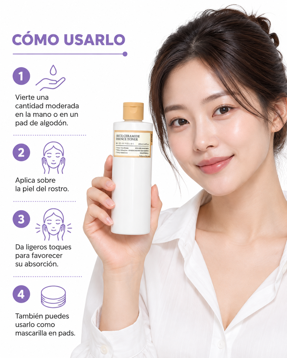 Modelo mostrando el FULLY Rice Ceramide Essence Toner, con los pasos de uso
