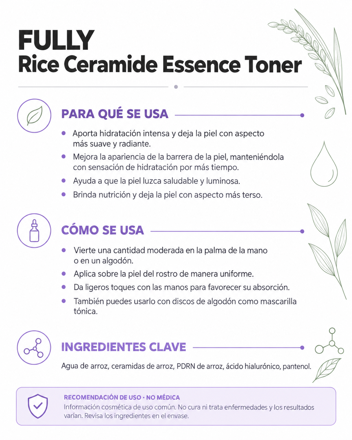 Ficha informativa de FULLY Rice Ceramide Essence Toner: para qué se usa, cómo se usa e ingredientes clave
