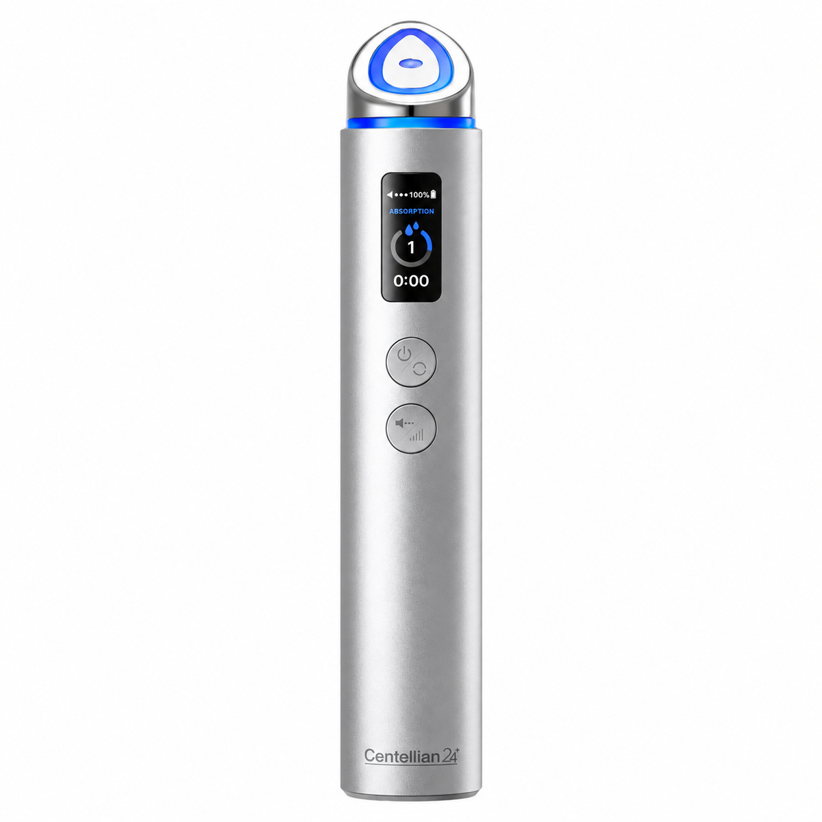 Centellian24 Madeca Prime Max, dispositivo de belleza facial plateado sobre fondo blanco