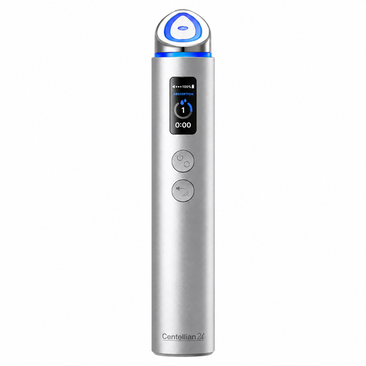 Centellian24 Madeca Prime Max, dispositivo de belleza facial plateado sobre fondo blanco