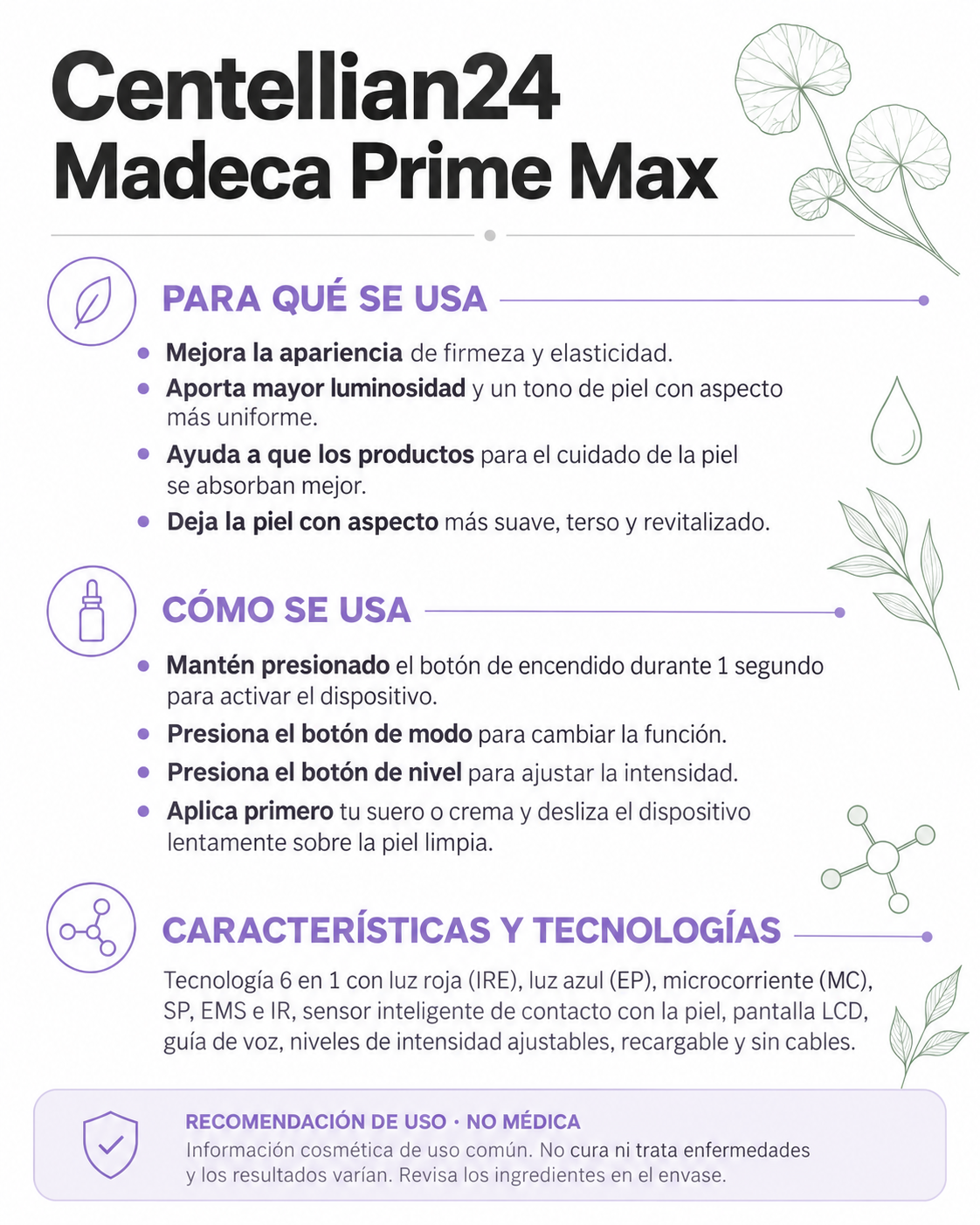 Ficha informativa de Centellian24 Madeca Prime Max: uso, características y tecnologías
