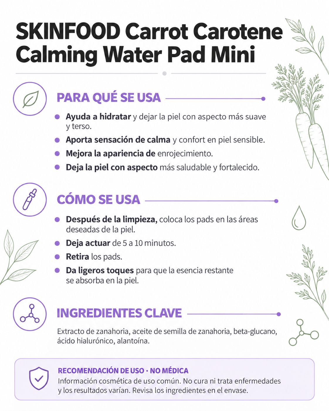 Ficha informativa de SKINFOOD Carrot Carotene Calming Water Pad Mini: uso e ingredientes clave