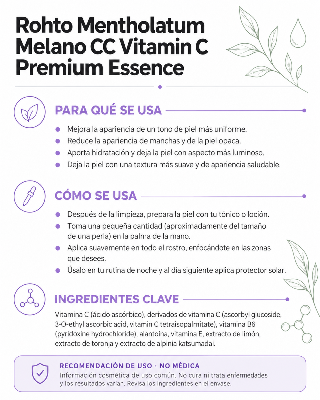 Ficha informativa de Melano CC Vitamin C Premium Essence: uso e ingredientes clave