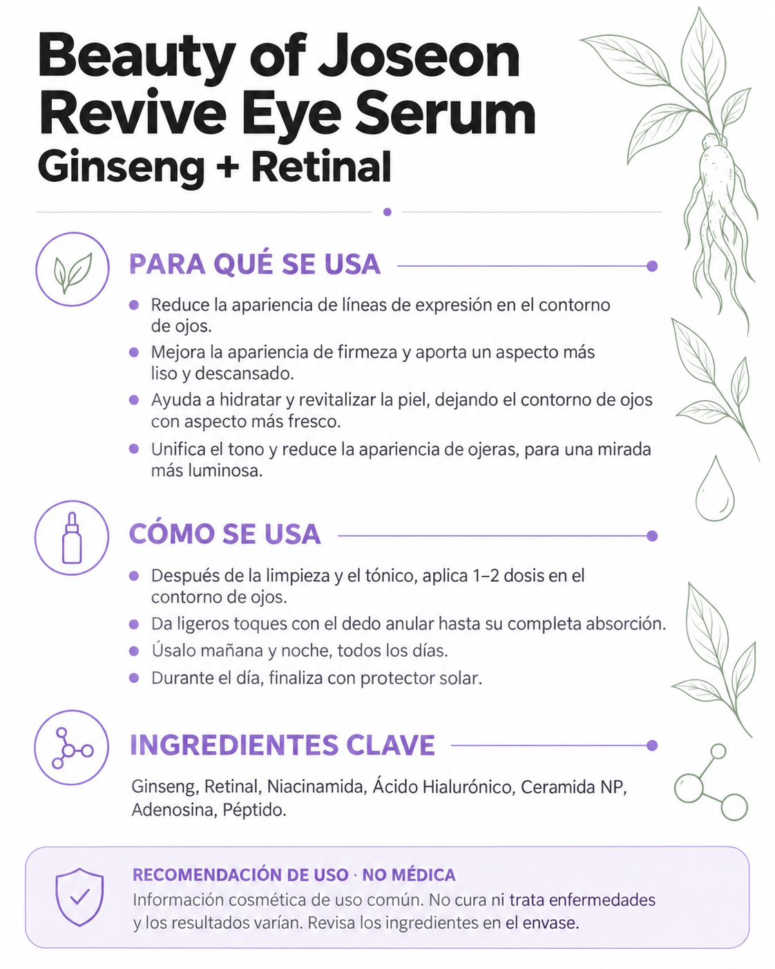 Ficha informativa de Beauty of Joseon Revive Eye Serum: uso e ingredientes clave