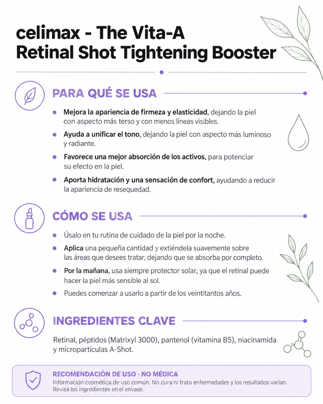 Ficha informativa de celimax The Vita-A Retinal Shot Tightening Booster: uso e ingredientes clave
