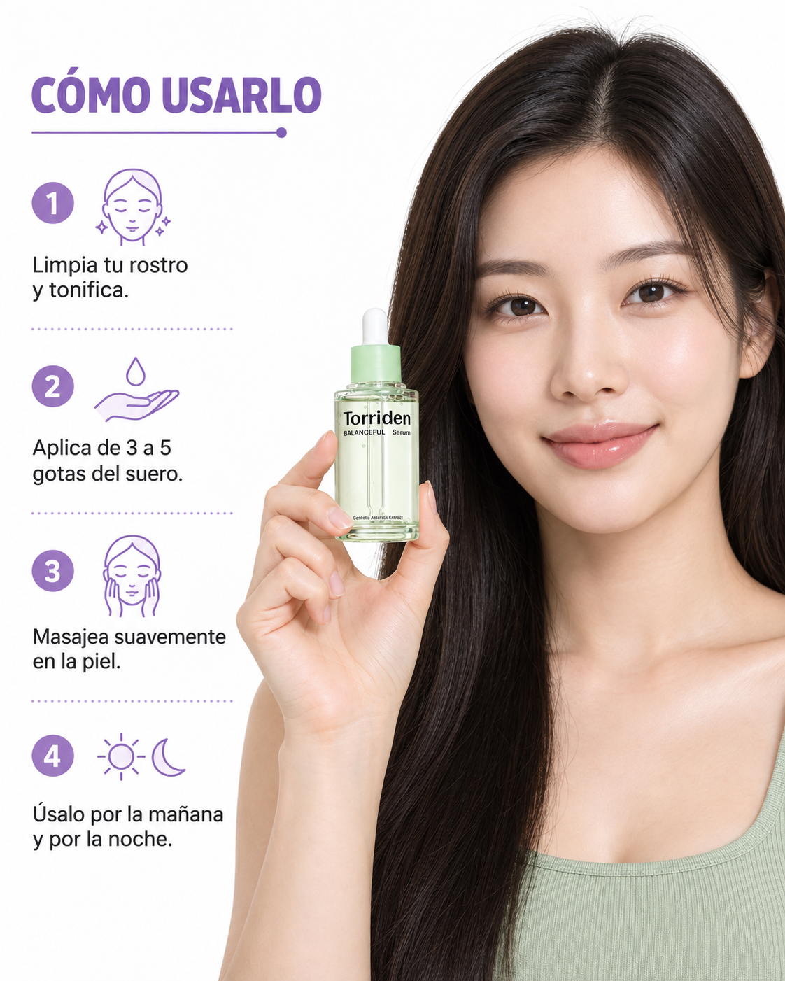 Modelo mostrando el Torriden Balanceful Cica Serum, con los pasos de uso