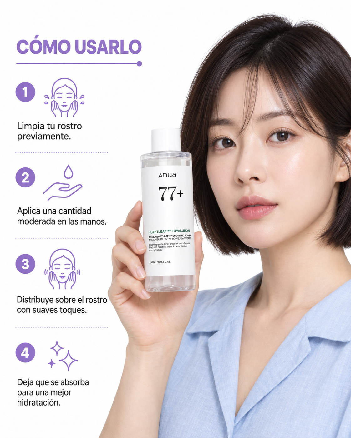 Modelo mostrando el Anua Heartleaf 77 Soothing Toner, con los pasos de uso