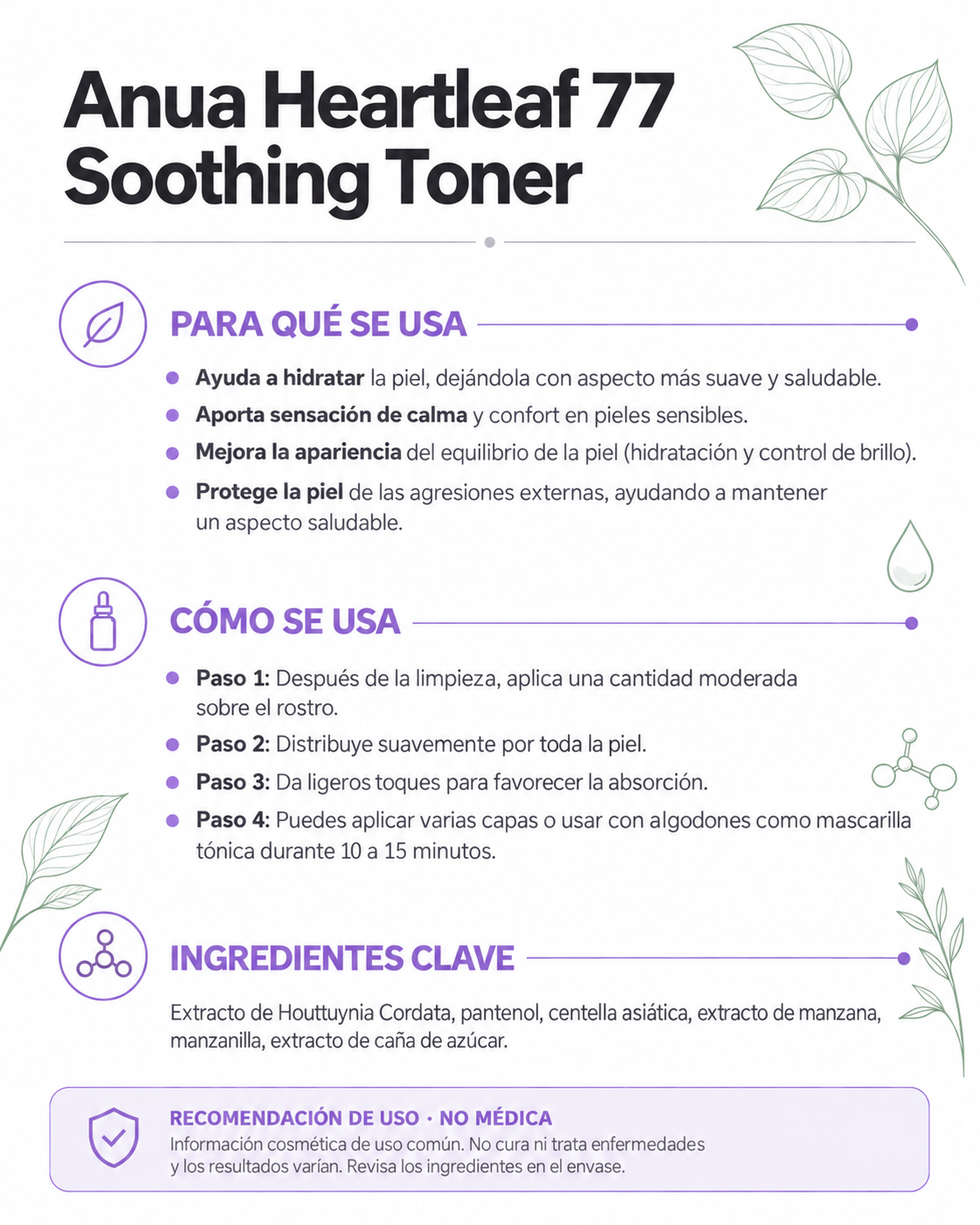 Ficha informativa de Anua Heartleaf 77 Soothing Toner: para qué se usa, cómo se usa e ingredientes clave