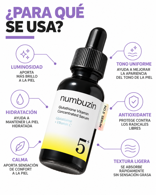 Infografía de beneficios de numbuzin No.5+ Glutathione Vitamin Concentrated Serum