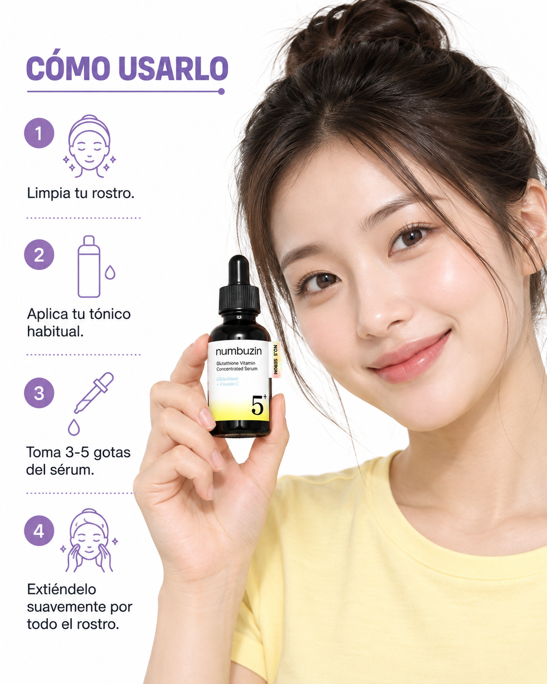 Modelo mostrando el numbuzin No.5+ Glutathione Vitamin Concentrated Serum, con los pasos de uso