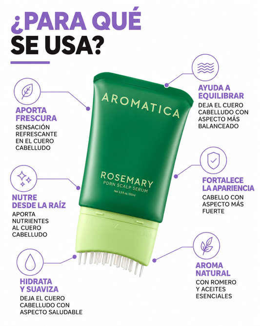 Infografía de beneficios de AROMATICA Rosemary PDRN Scalp Serum