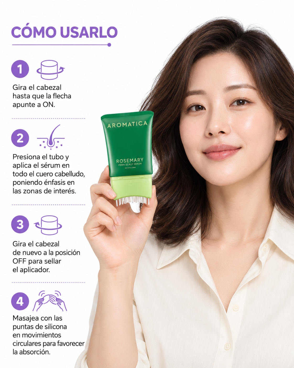 Modelo mostrando el AROMATICA Rosemary PDRN Scalp Serum, con los pasos de uso