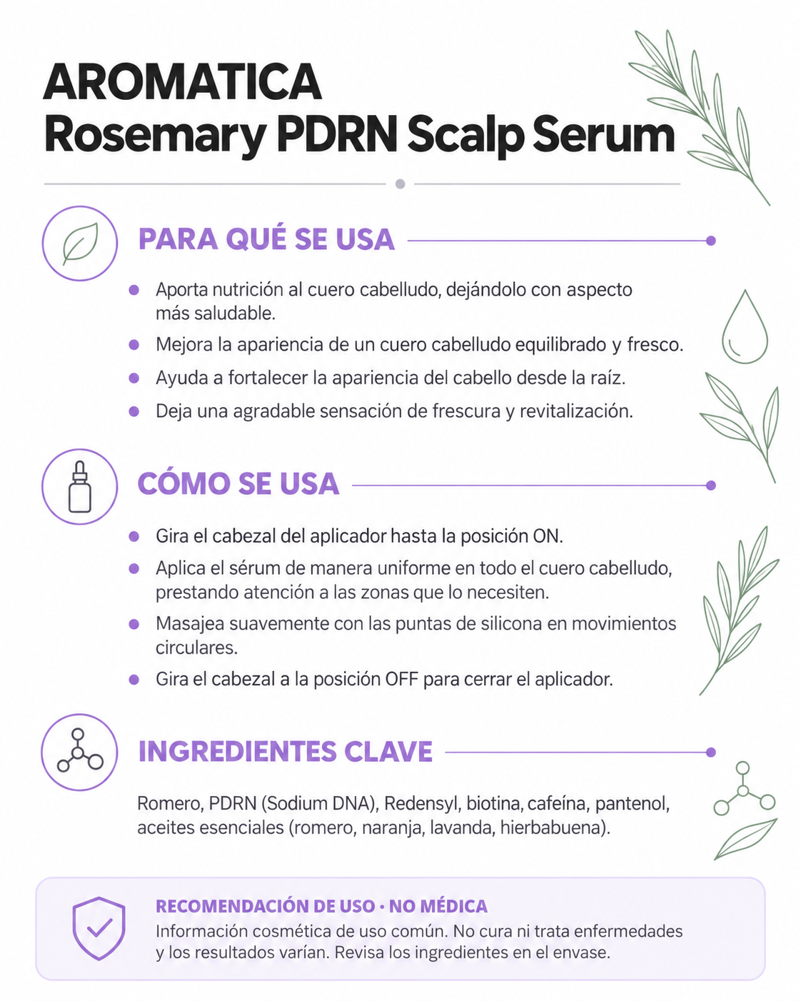 Ficha informativa de AROMATICA Rosemary PDRN Scalp Serum: para qué se usa, cómo se usa e ingredientes clave