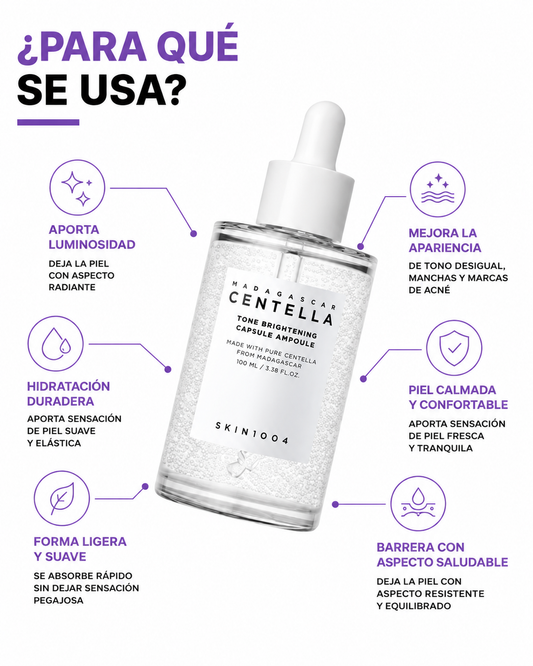Infografía de beneficios de SKIN1004 Madagascar Centella Tone Brightening Capsule Ampoule de 100 ml
